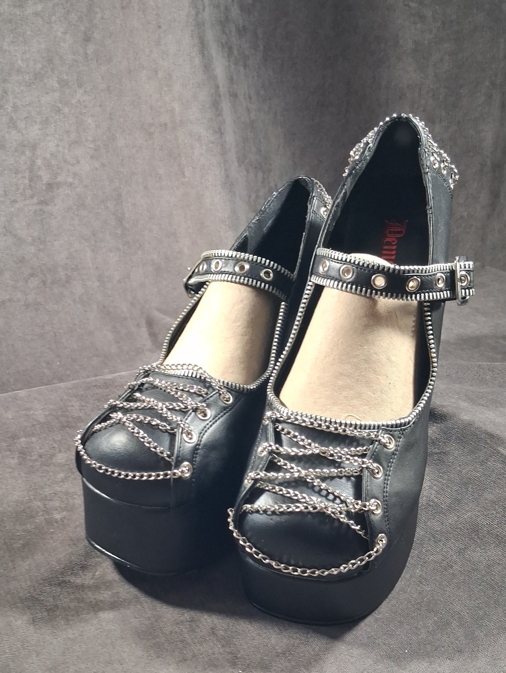 Demonia Charade-25 black Vegan Leather Platform Mary Jane Heels NWOT US 10